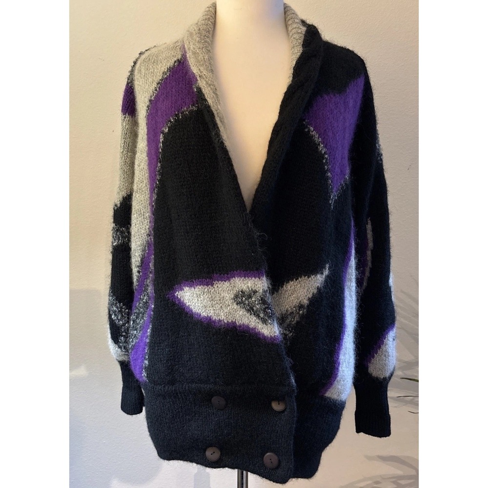 Belldini Purple Gray Black ABSTRACT PRINT Wool blend vintage Grandma cardigan